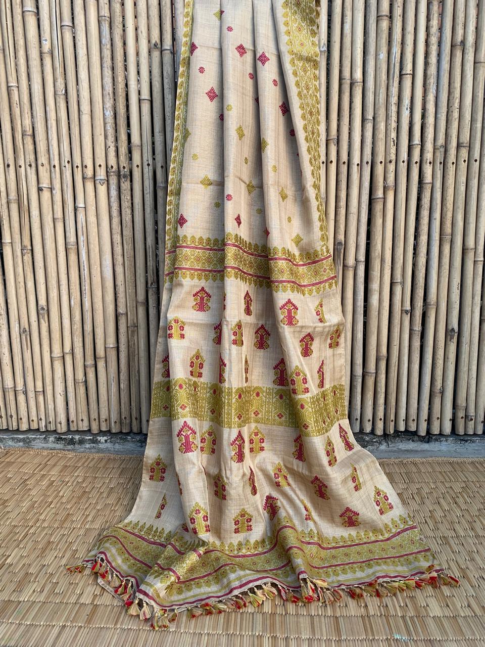 Muga Silk Saree with natural dyed Eri Silk  motifs from Assam