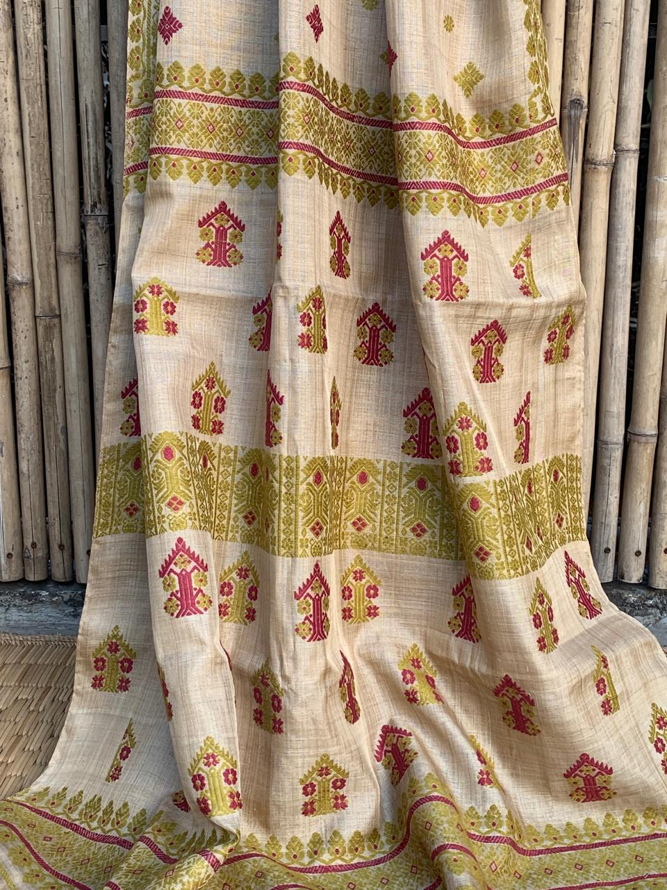 Muga Silk Saree with natural dyed Eri Silk  motifs from Assam