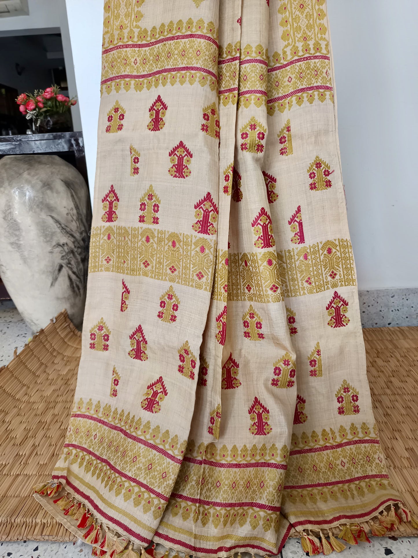 Muga Silk Saree with natural dyed Eri Silk  motifs from Assam