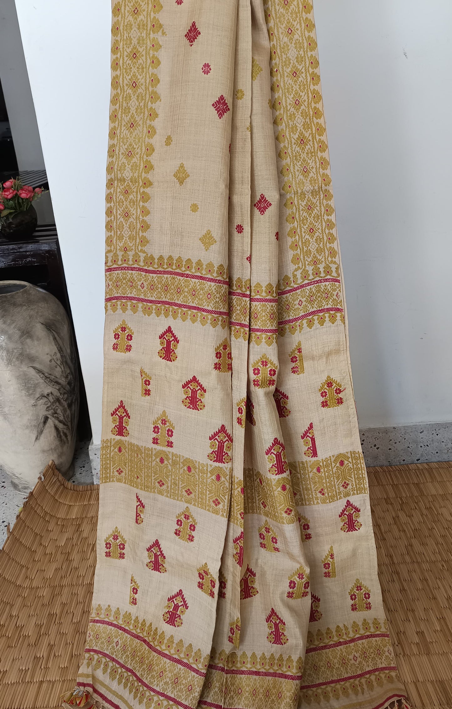 Muga Silk Saree with natural dyed Eri Silk  motifs from Assam