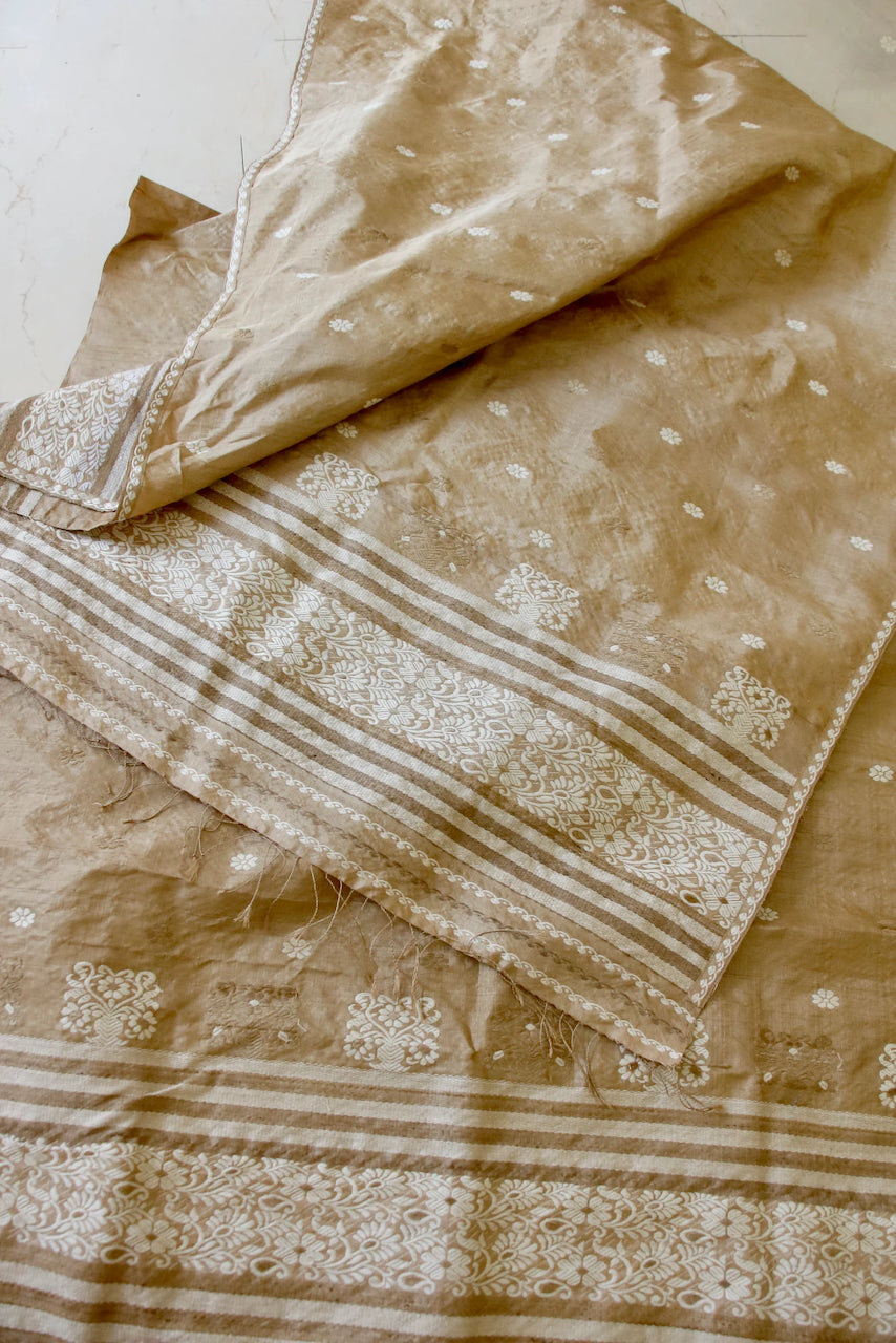 Authentic  Muga Silk Mekhla Chador Set with Eri Silk and Muga Ghicha Motifs from Assam