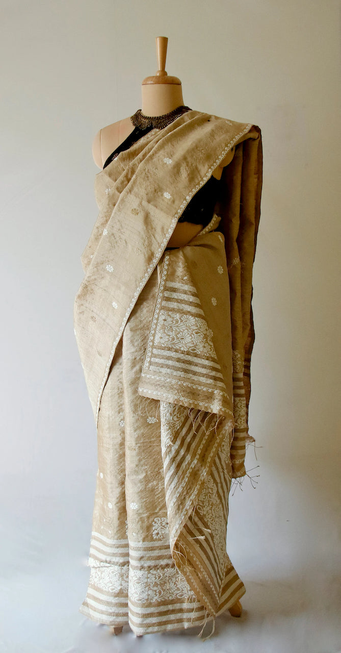 Authentic  Muga Silk Mekhla Chador Set with Eri Silk and Muga Ghicha Motifs from Assam