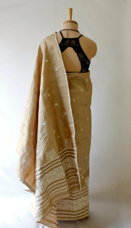 Authentic  Muga Silk Mekhla Chador Set with Eri Silk and Muga Ghicha Motifs from Assam