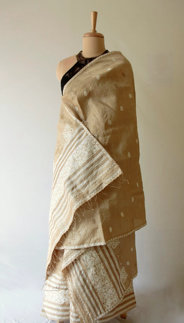 Authentic  Muga Silk Mekhla Chador Set with Eri Silk and Muga Ghicha Motifs from Assam