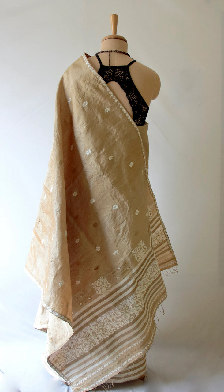 Authentic  Muga Silk Mekhla Chador Set with Eri Silk and Muga Ghicha Motifs from Assam