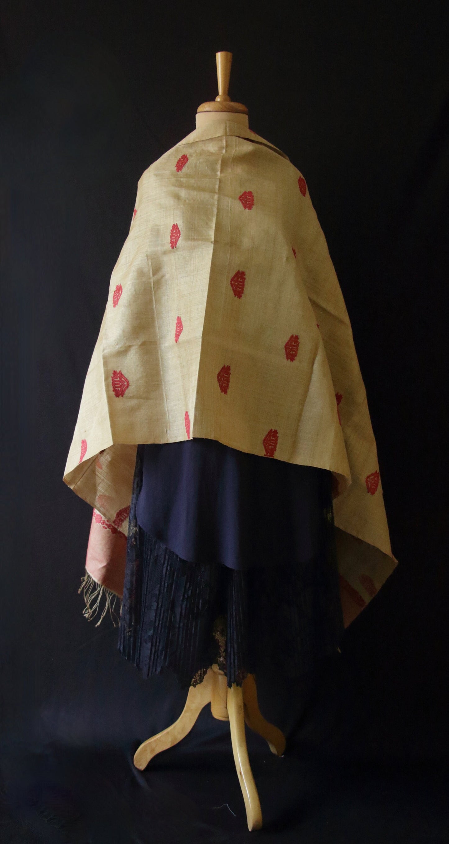 Handloom Muga Silk Wrap / Stole / Scarf with natural Dyed Eri Silk Motifs from Assam