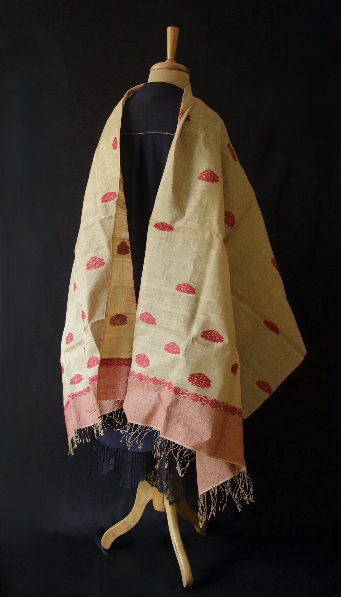 Handloom Muga Silk Wrap / Stole / Scarf with natural Dyed Eri Silk Motifs from Assam