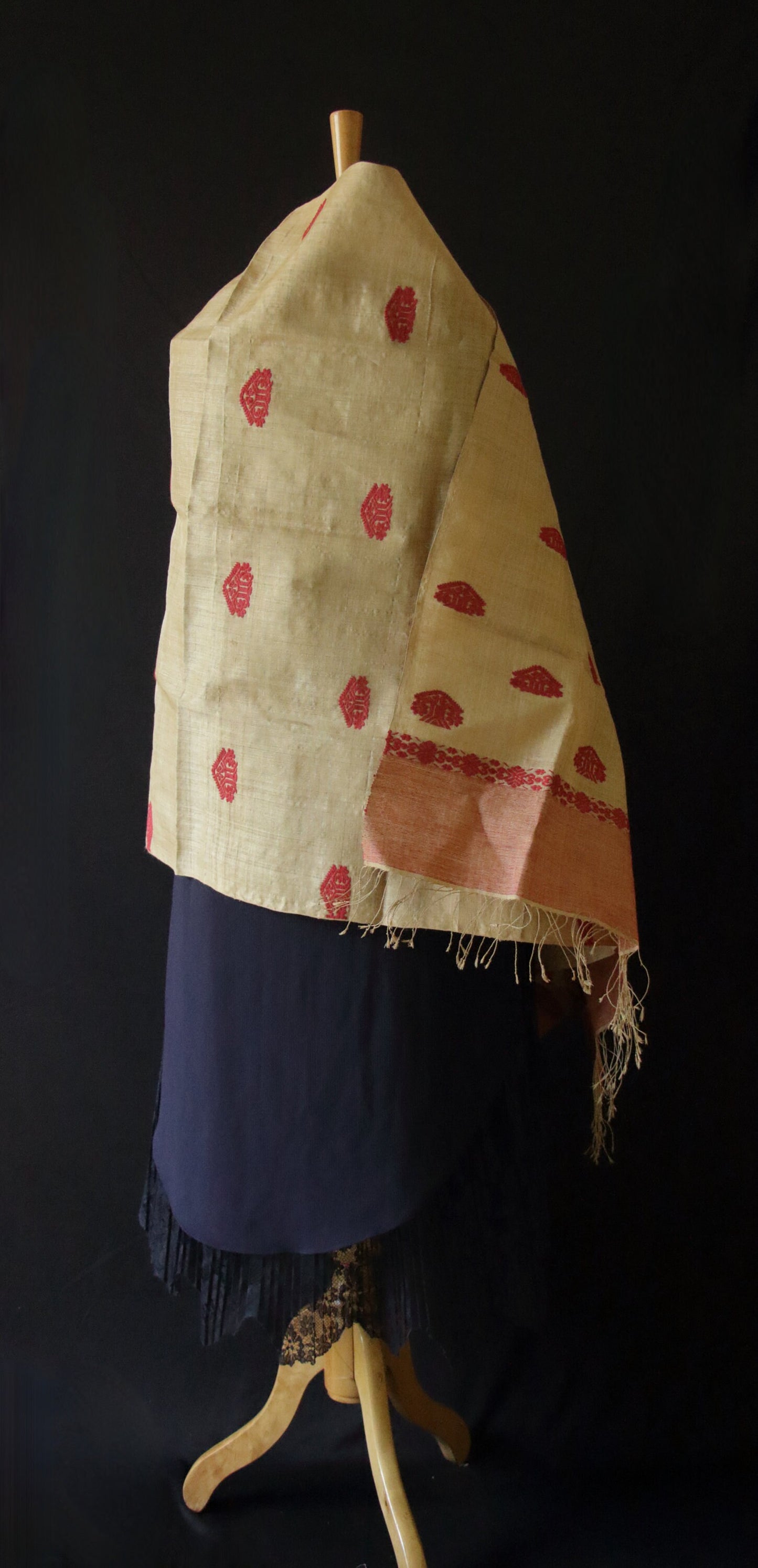 Handloom Muga Silk Wrap / Stole / Scarf with natural Dyed Eri Silk Motifs from Assam