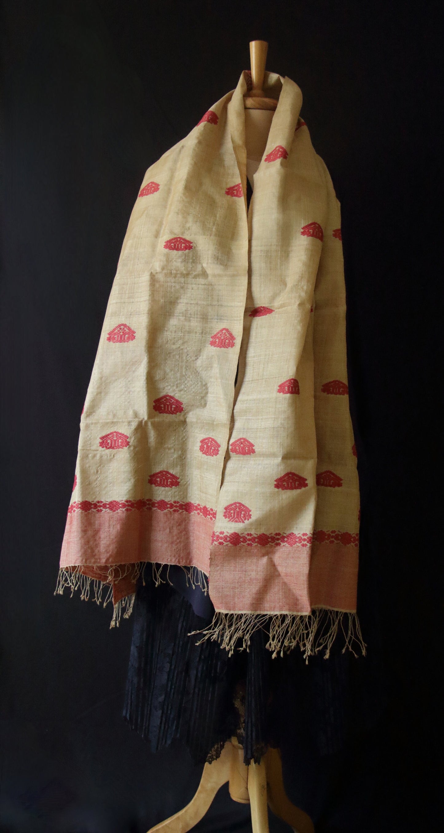 Handloom Muga Silk Wrap / Stole / Scarf with natural Dyed Eri Silk Motifs from Assam