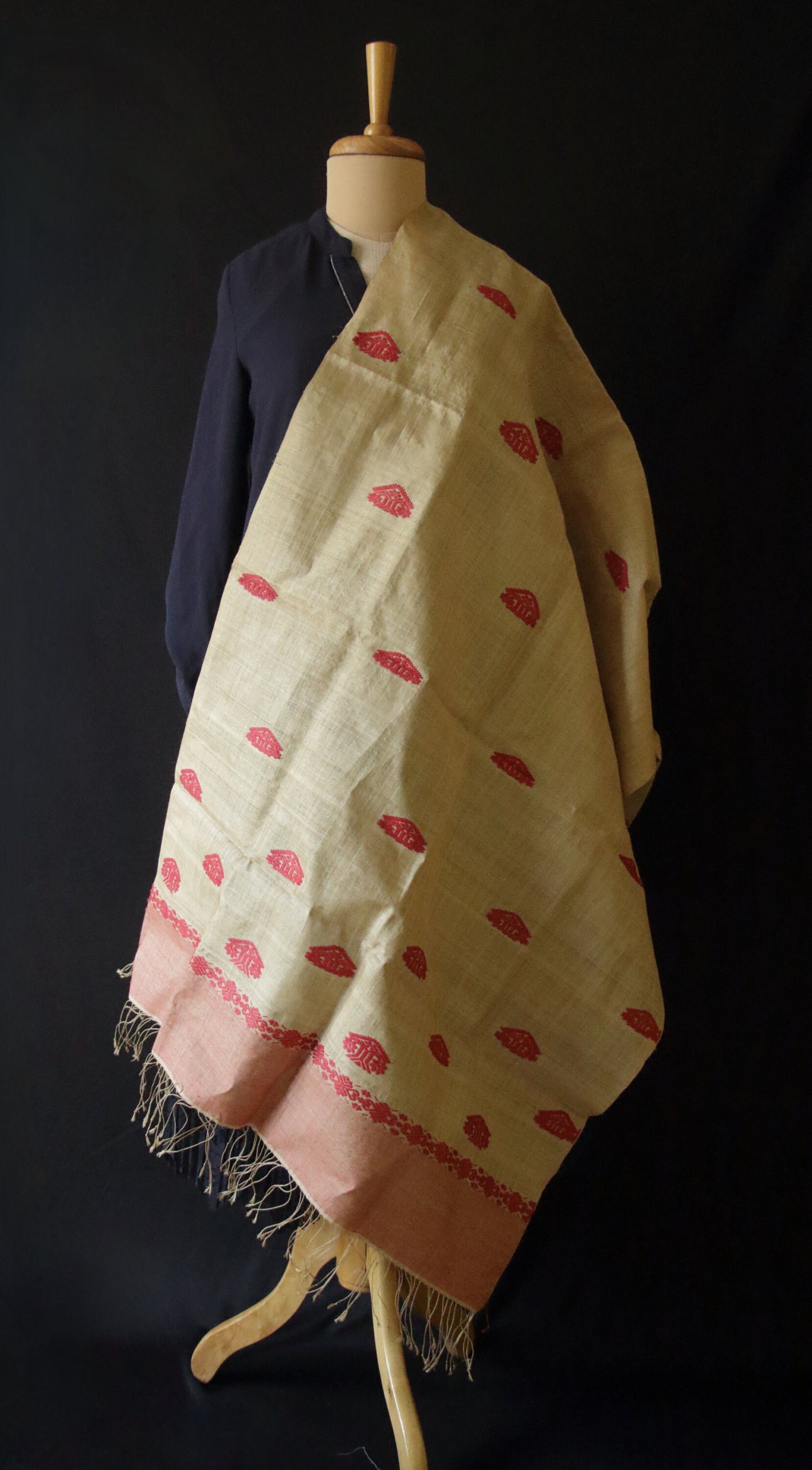 Handloom Muga Silk Wrap / Stole / Scarf with natural Dyed Eri Silk Motifs from Assam