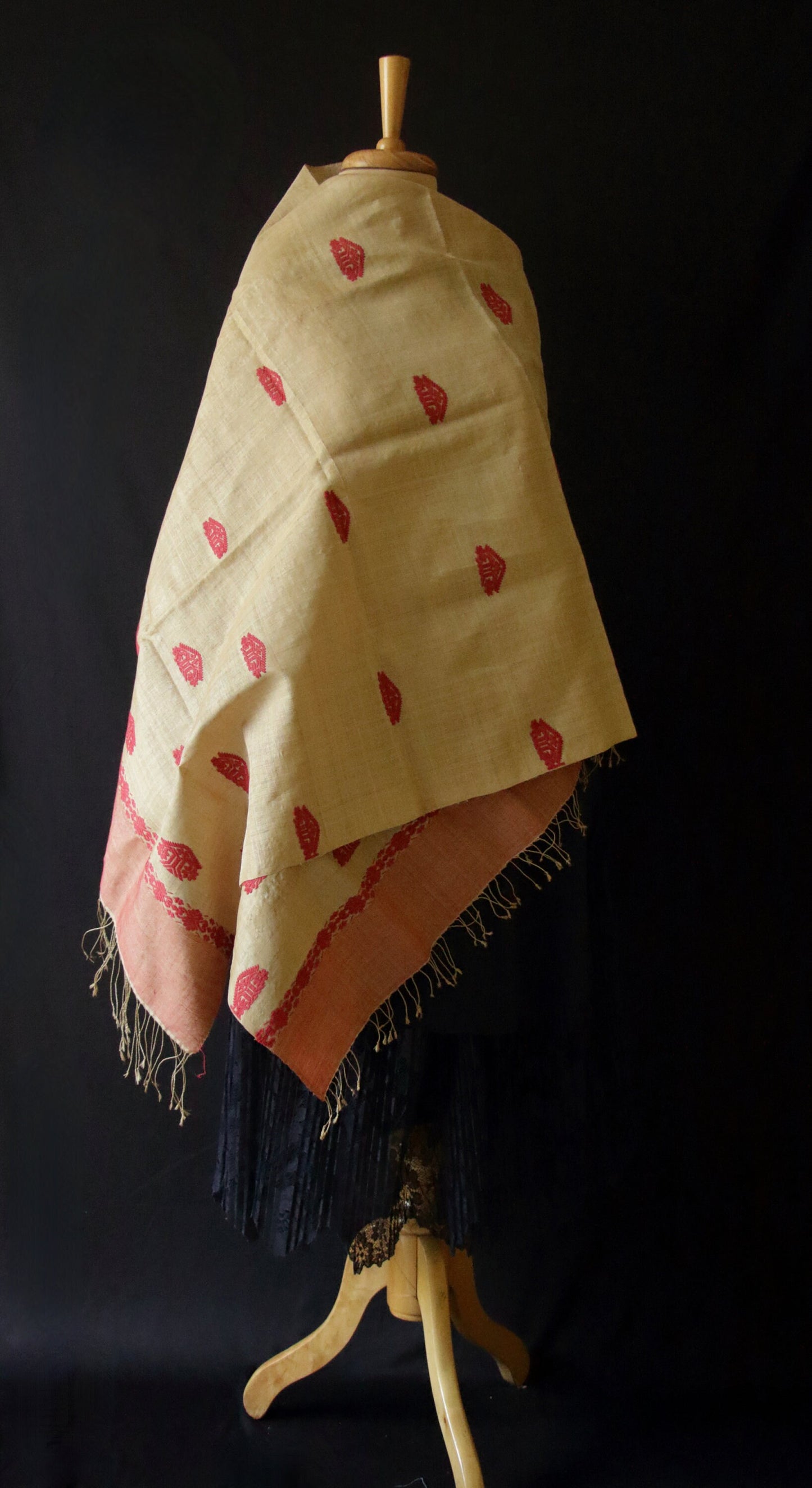 Handloom Muga Silk Wrap / Stole / Scarf with natural Dyed Eri Silk Motifs from Assam