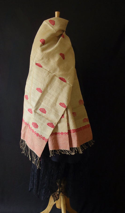 Handloom Muga Silk Wrap / Stole / Scarf with natural Dyed Eri Silk Motifs from Assam