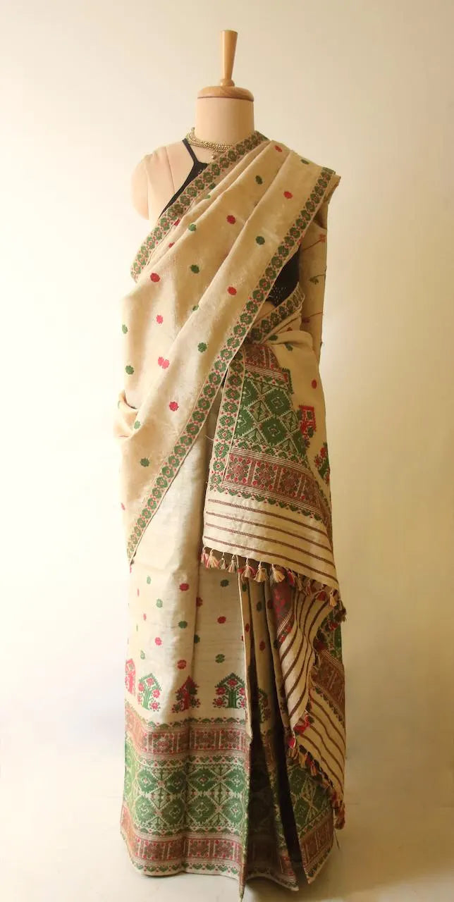 Handloom Muga Silk Mekhla Chador Set: Natural Dyed Eri Motifs - Made To Order Only