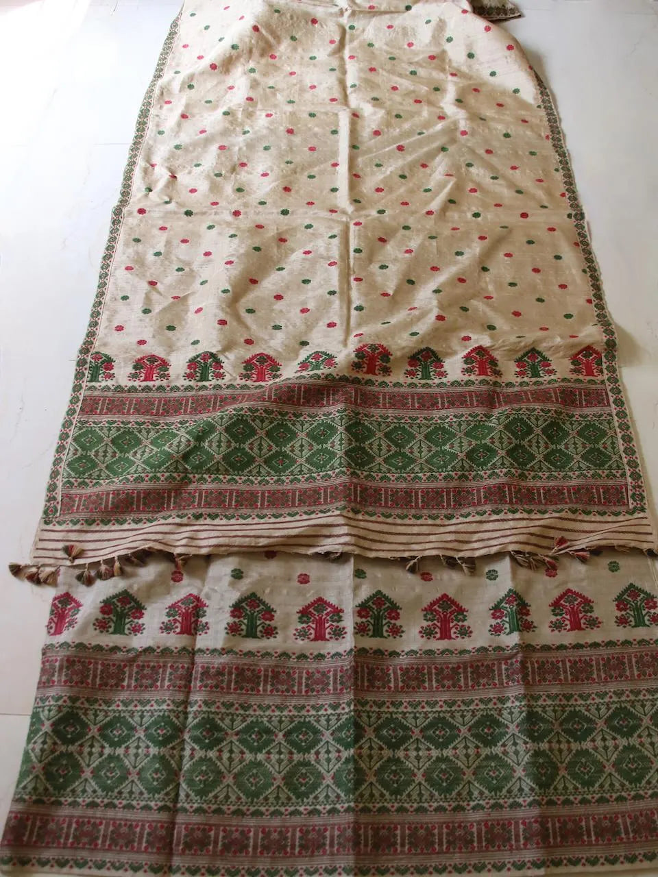 Handloom Muga Silk Mekhla Chador Set: Natural Dyed Eri Motifs - Made To Order Only