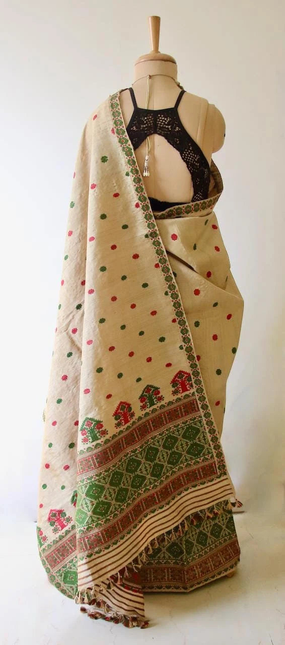 Handloom Muga Silk Mekhla Chador Set: Natural Dyed Eri Motifs - Made To Order Only