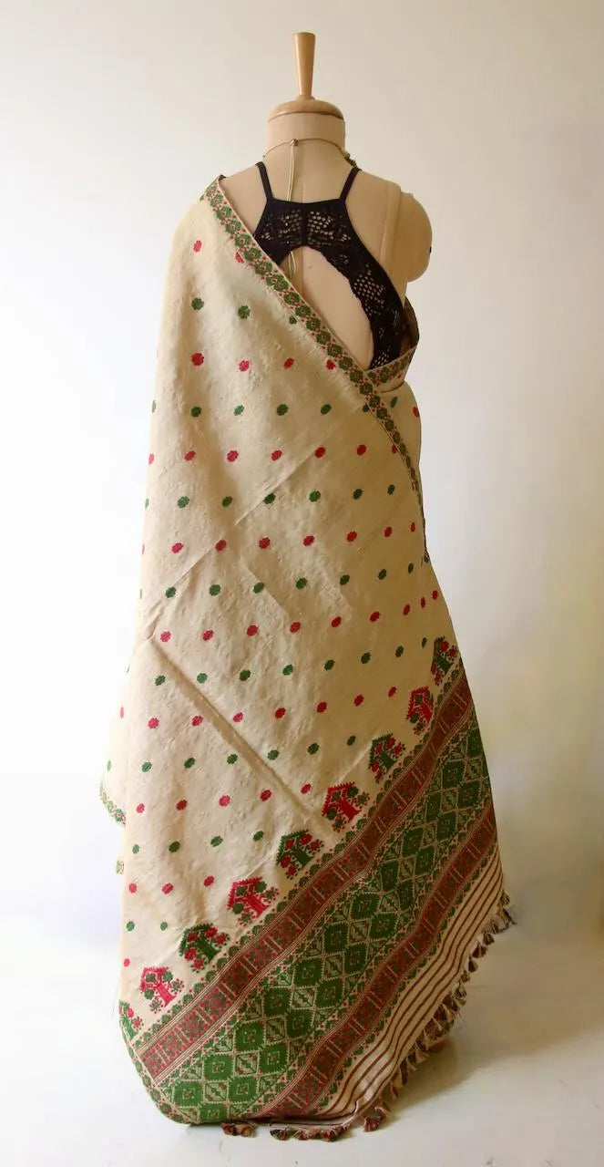 Handloom Muga Silk Mekhla Chador Set: Natural Dyed Eri Motifs - Made To Order Only