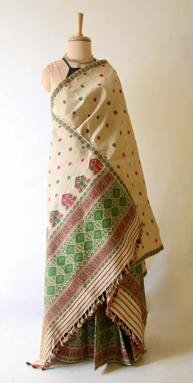 Handloom Muga Silk Mekhla Chador Set: Natural Dyed Eri Motifs - Made To Order Only