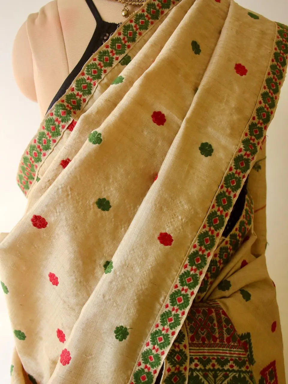 Handloom Muga Silk Mekhla Chador Set: Natural Dyed Eri Motifs - Made To Order Only
