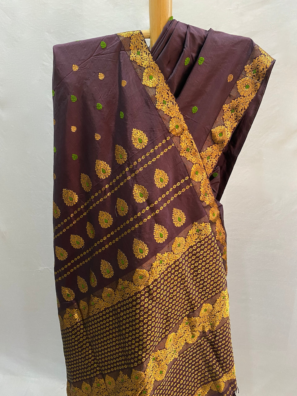 Brown With golden Zari Work Handloom Mulberry Silk Saree from Assam
