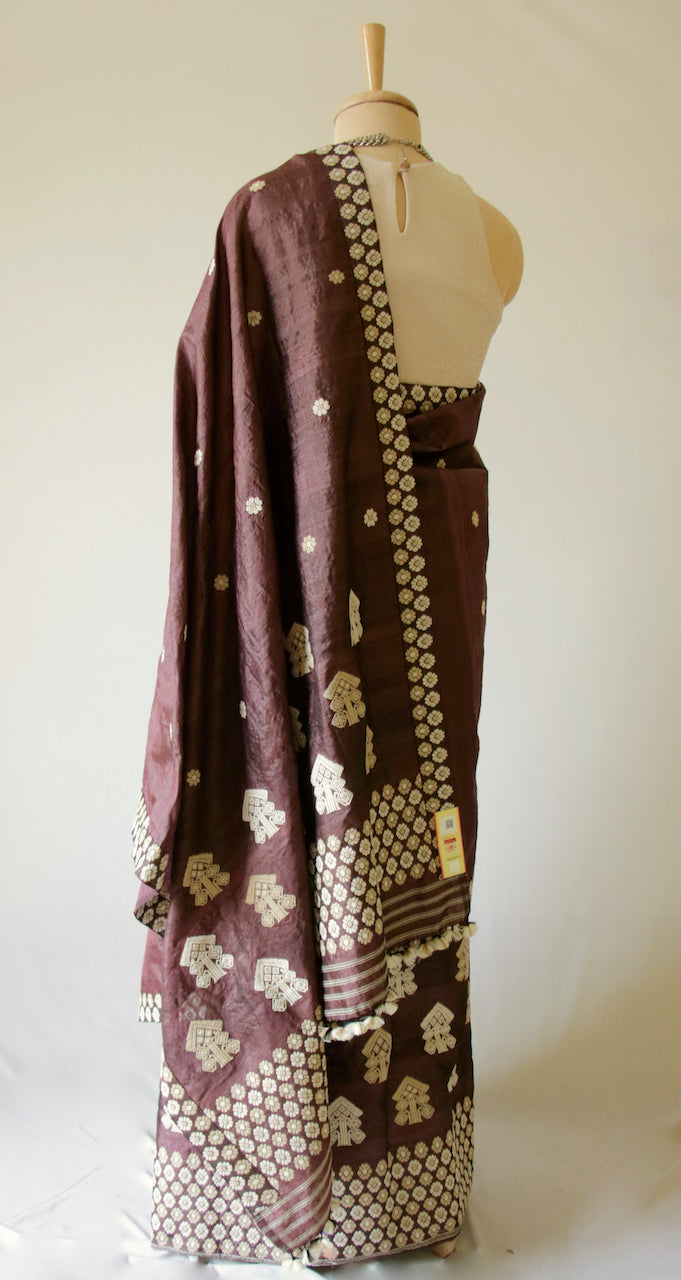 Wine Colour Dyed Tassar Silk & Mulberry Silk Traditional Set / Mekhla Chador Set from Assam