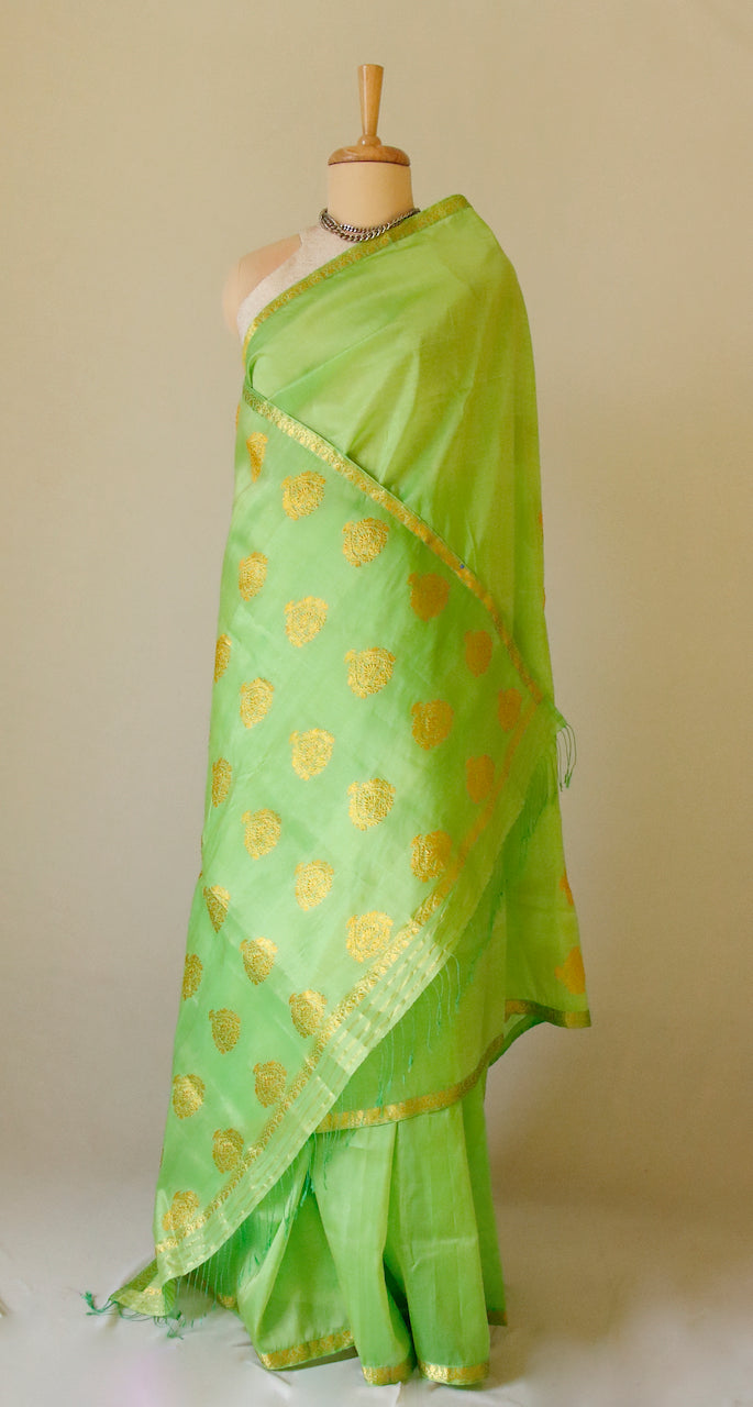 Leaf Green Handloom Silk Organza Sari from Assam , India