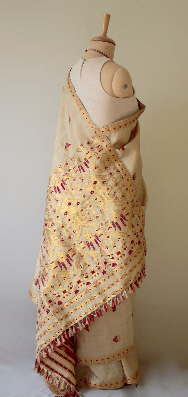 Handloom Traditional Design Muga Silk Saree from Assam , India