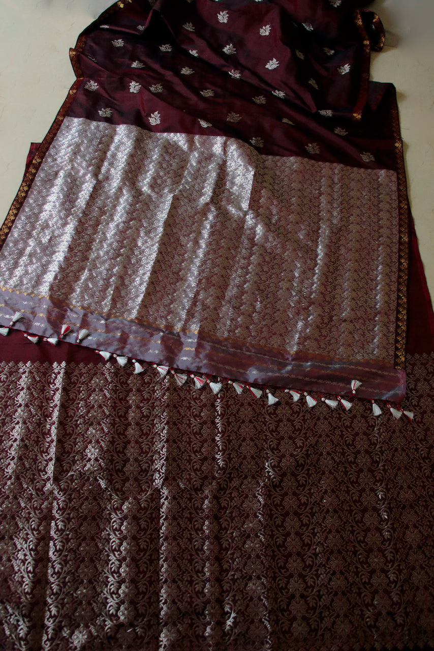 Maroon Traditional Handloom Mulberry Silk Mekhla Chador Set from Assam , India