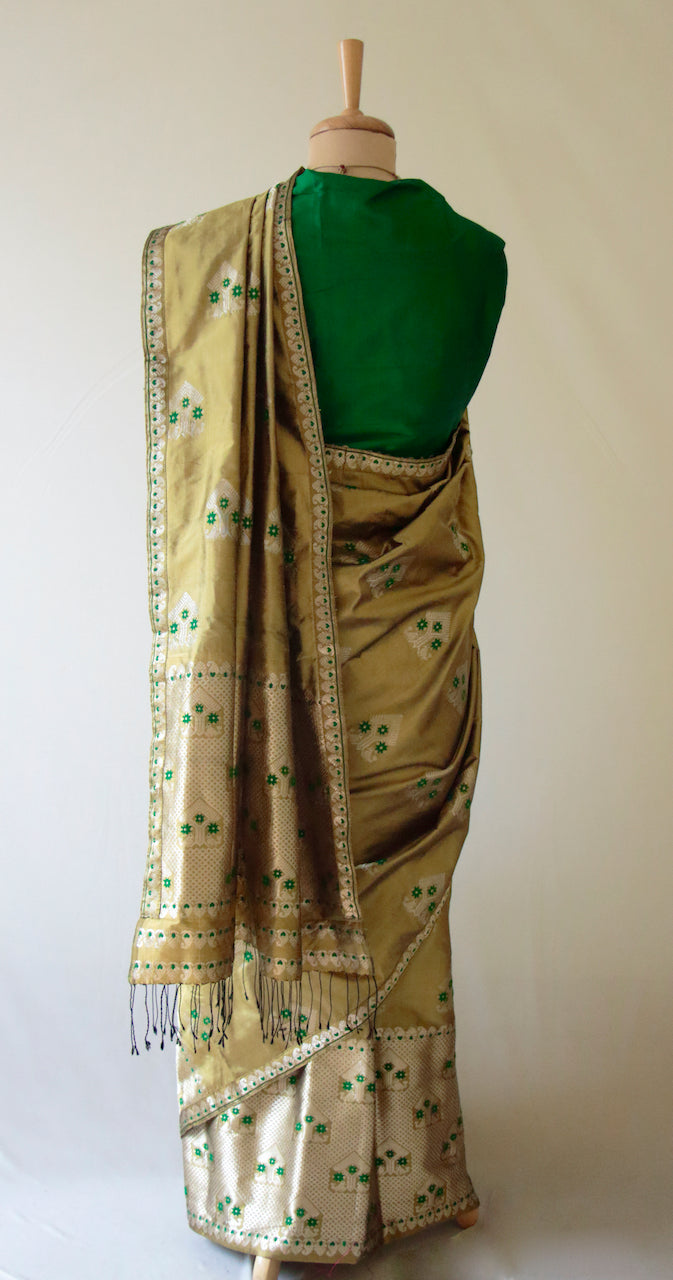 Olive Green Traditional Handloom Mulberry Silk Mekhla Chador Set from Assam , India
