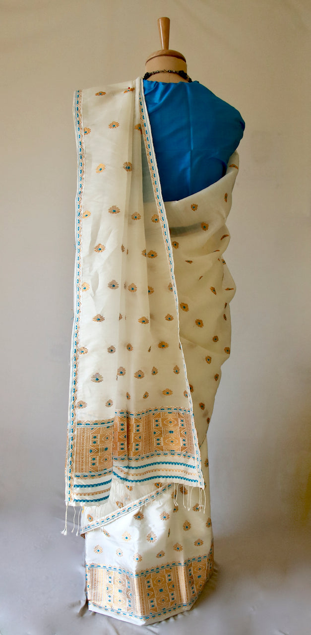 White  Mulberry Silk Traditional Mekhla Chador Set from Assam , India