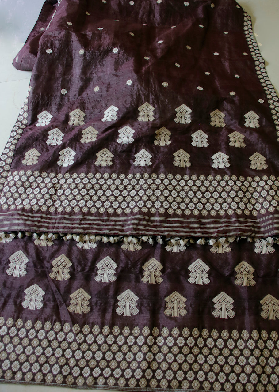 Wine Colour Dyed Tassar Silk & Mulberry Silk Traditional Set / Mekhla Chador Set from Assam
