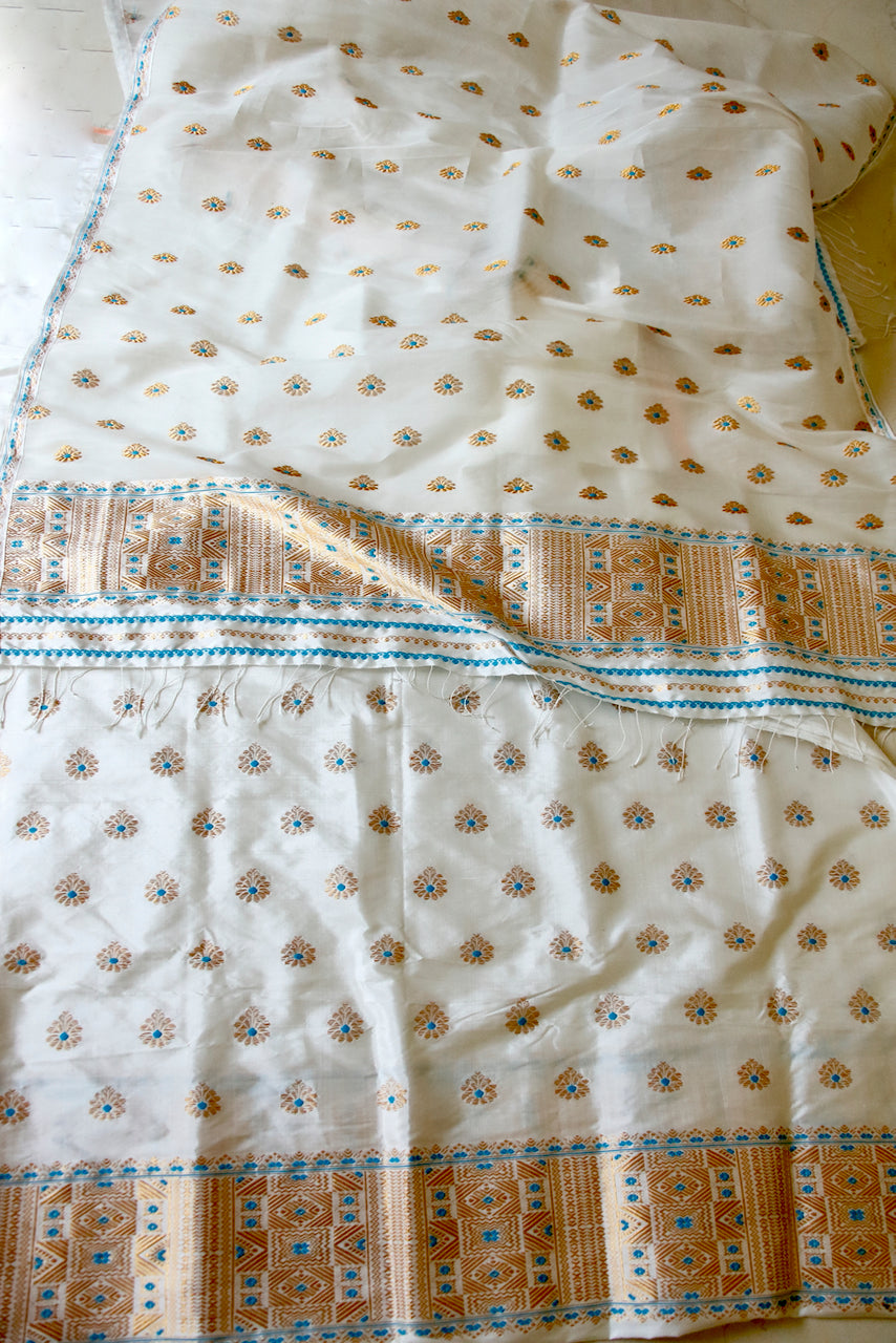 White  Mulberry Silk Traditional Mekhla Chador Set from Assam , India