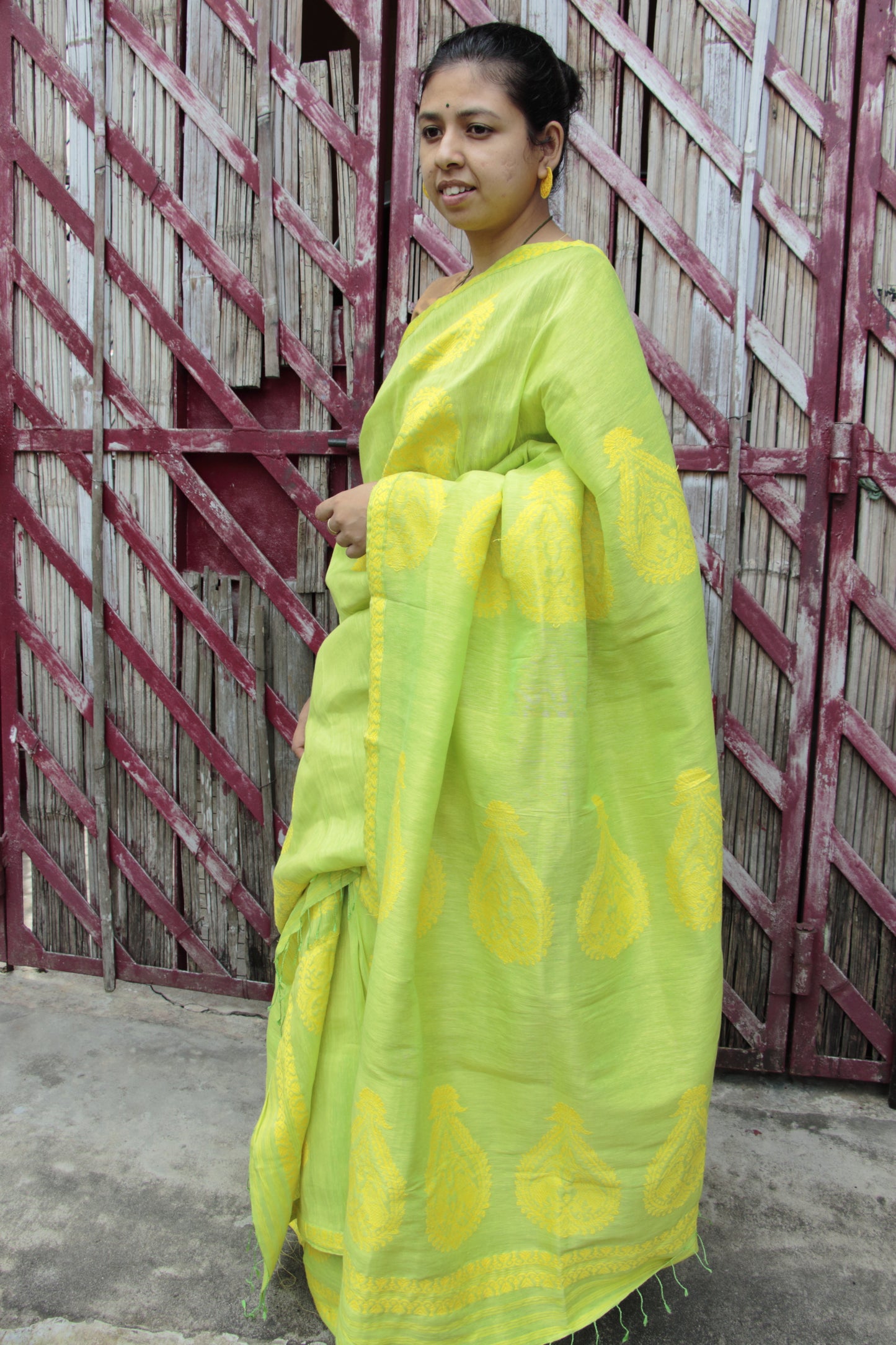 Lime Green Linen by Silk Mekhla Chador from Assam , India