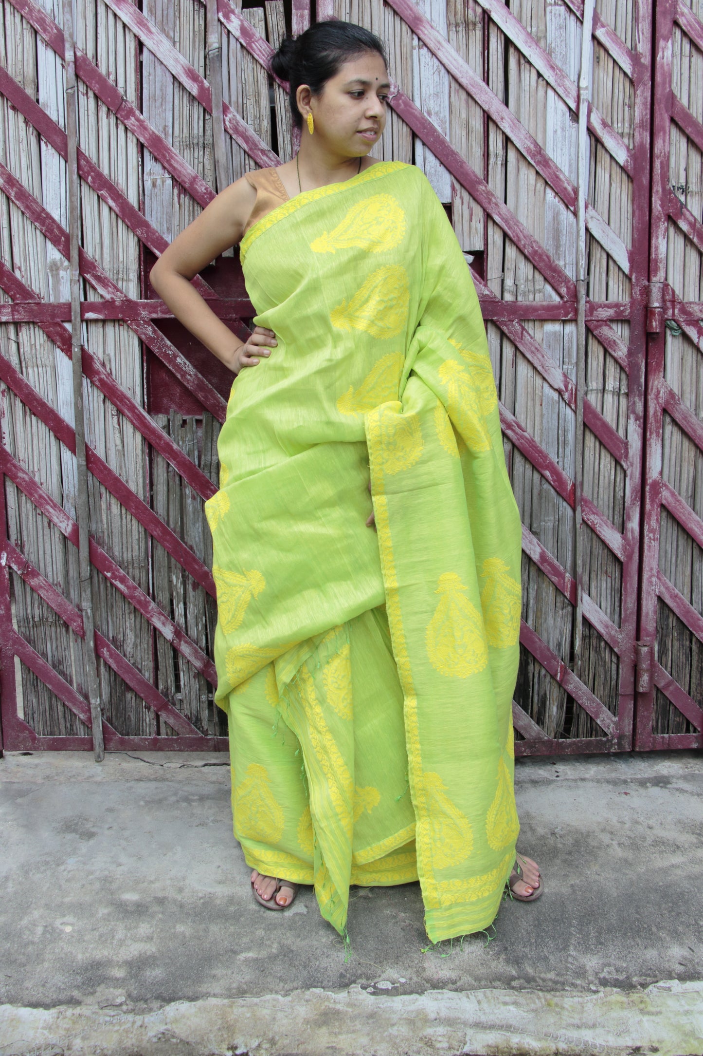 Lime Green Linen by Silk Mekhla Chador from Assam , India