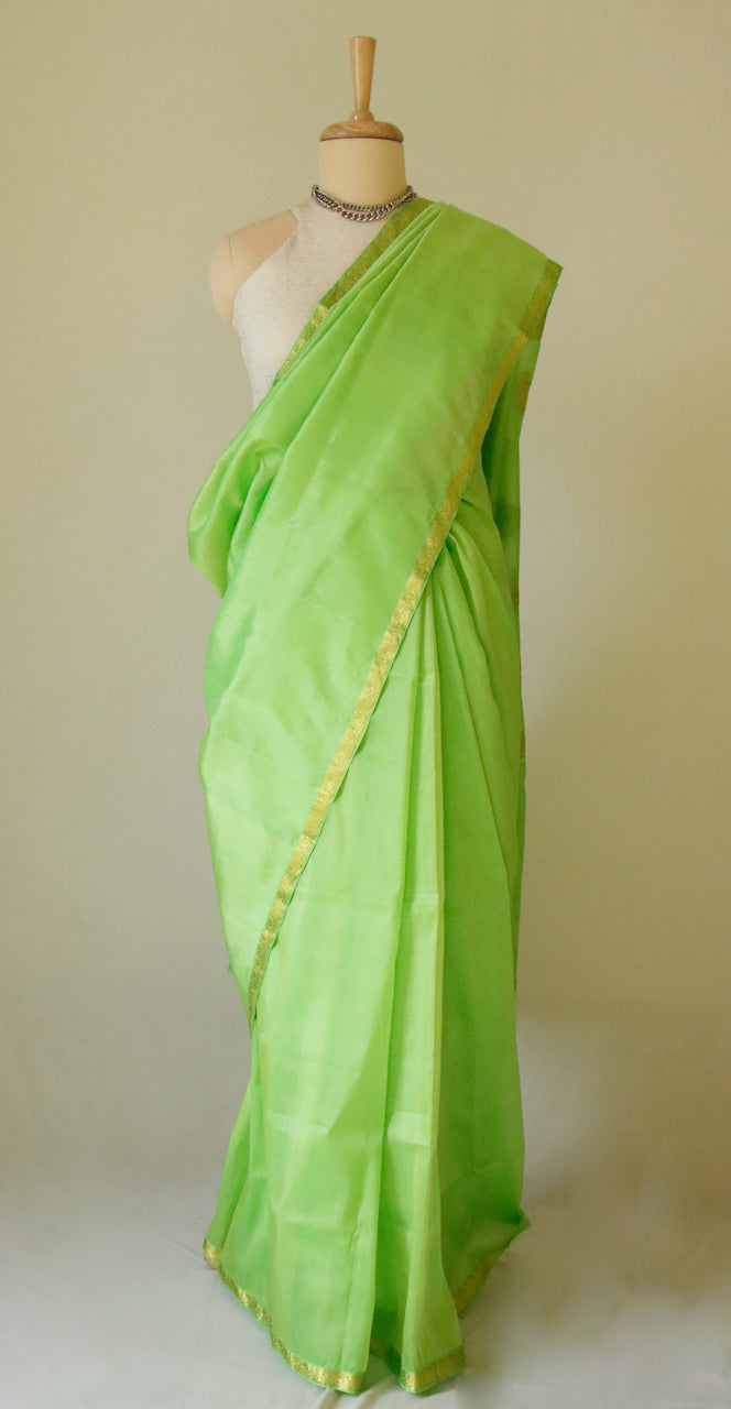 Leaf Green Handloom Silk Organza Sari from Assam , India
