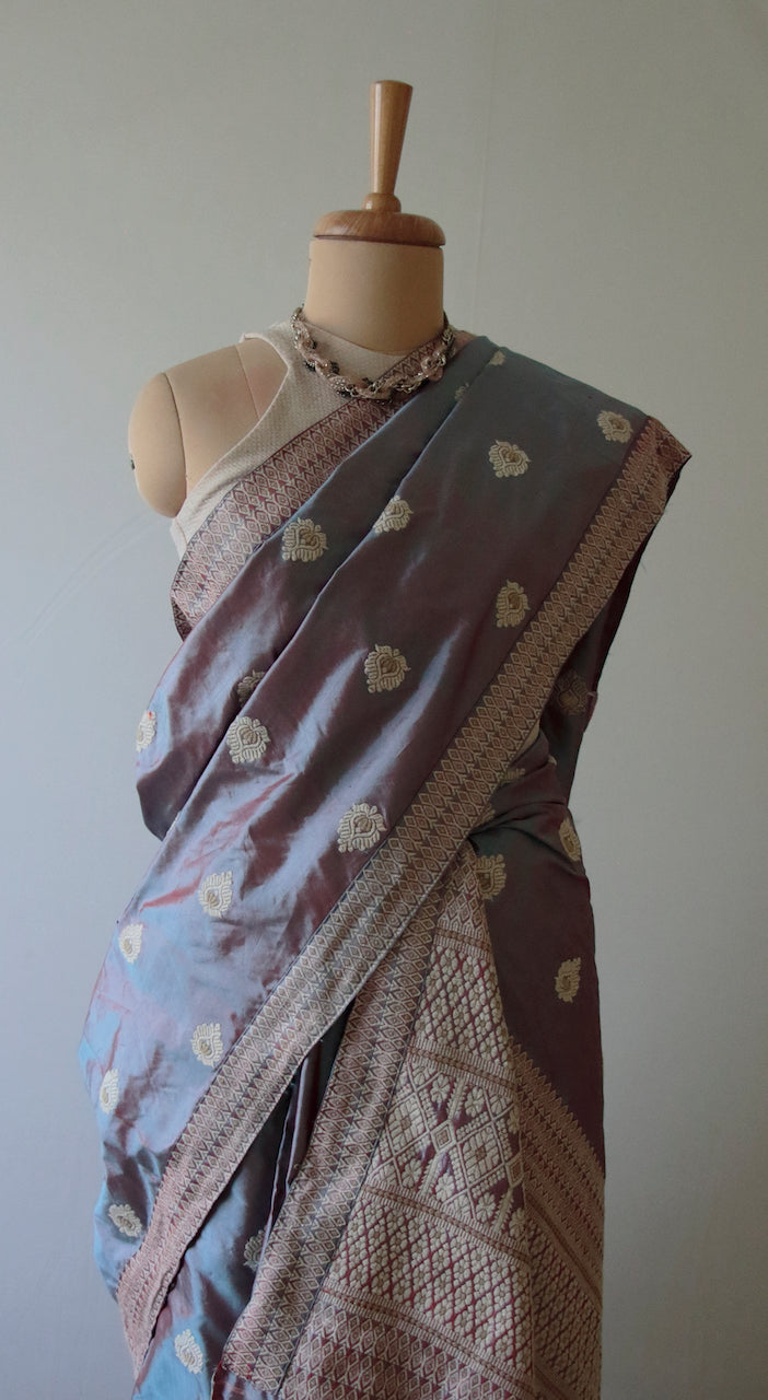 Two Tone Light Purple Mulberry Silk Traditional 3 pc Mekhla Chador Set from Assam , India