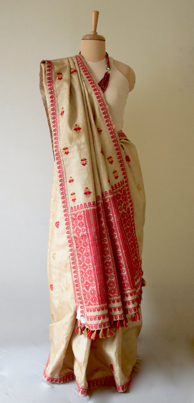 Designer Red Assam Silk Saree with Grey Ikaat Border and Madhubani Pai –  Sujatra