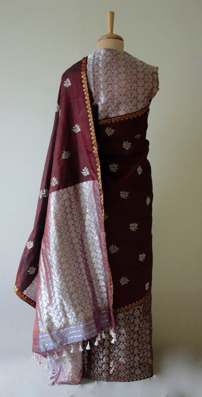 Maroon Traditional Handloom Mulberry Silk Mekhla Chador Set from Assam , India