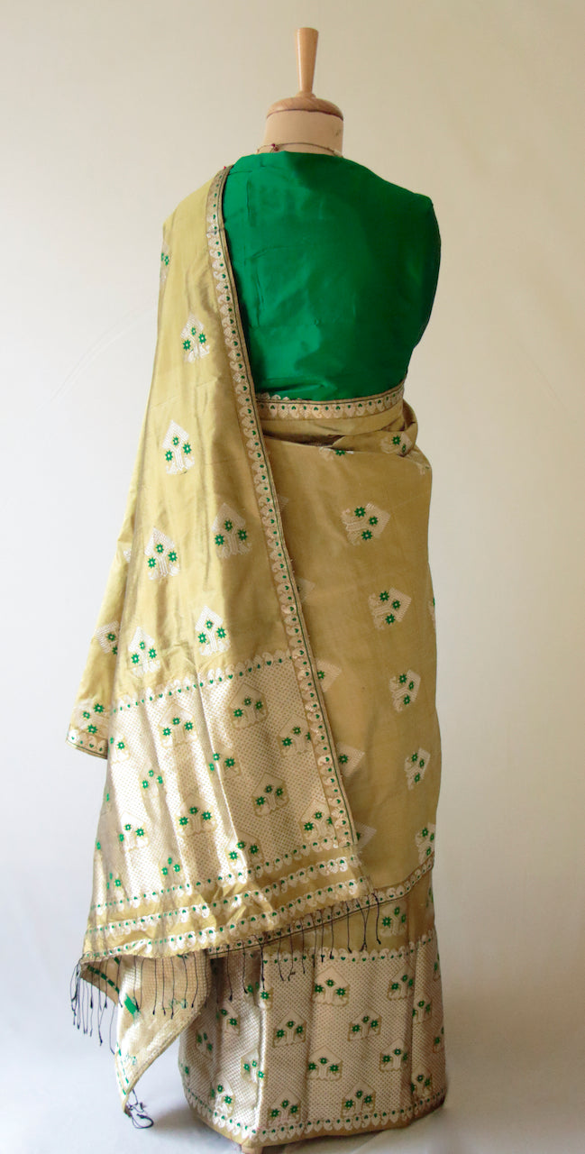 Olive Green Traditional Handloom Mulberry Silk Mekhla Chador Set from Assam , India