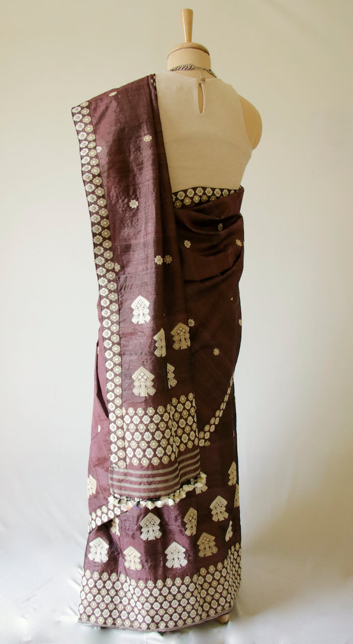 Wine Colour Dyed Tassar Silk & Mulberry Silk Traditional Set / Mekhla Chador Set from Assam